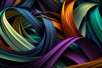 Intertwined multi-colored ribbons form a harmonious texture with diverse colors and shapes in the background. Perfect for creative projects. Generative AI