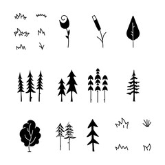 Simple silhouette tree icons collection. Line art trees. Stock vector linear nature symbols set