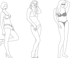 Vector sketch of a woman's silhouette in a bikini on the beach
