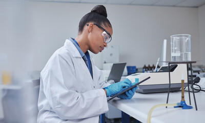 Research, focus scientist or black woman on tablet in lab for medical search, innovation or science...