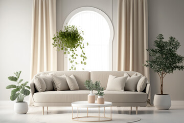 Modern sofa with bright windows and houseplants, Generative AI