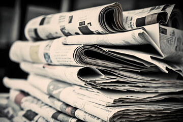 Newspapers. Pile of daily papers with news on the computer. Pages with headlines, articles folded and stacked on keypad of electronic device. Modern gadget and old journals, focus on paper