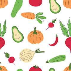 Seamless pattern with fresh vegetables pumpkin, carrot, avocado, beet, onion, courgette, radish, cucucmber, tomato on white background. Hand drawn vector flat cartoon illustration, cooking.