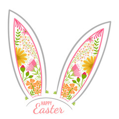 Happy Easter Creative Holiday Vector Illustration. Unique Floral Easter Bunny Ears. Spring theme bright color palette flowers and leaves. Social media post, promotion advertisement, poster, banner art