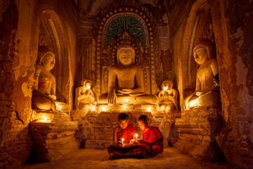 Two buddhist Monk in a pagoda in Bagan Myanmar