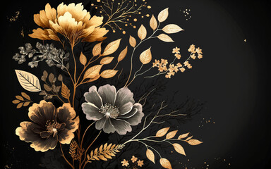 Abstract background watercolor gentle gold flower and gold splash and black background. gold and black watercolor flower art.