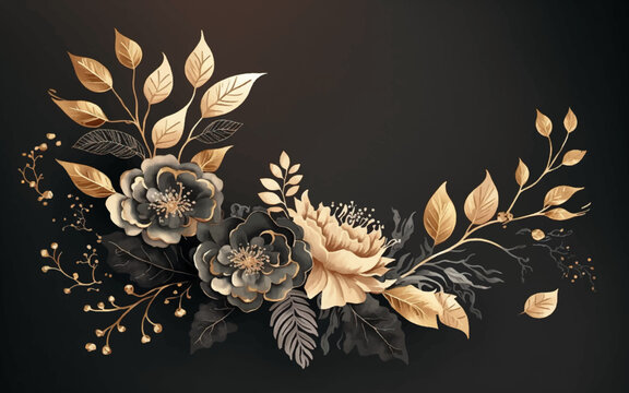 Abstract background watercolor gentle gold flower and gold splash and black background. gold and black watercolor flower art.	