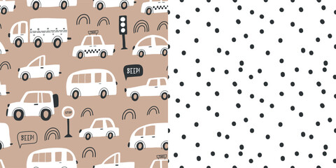 Set of seamless childish pattern with hand drawn cartoon cars. Creative kids abstract texture for fabric, wrapping, textile, wallpaper, apparel. Vector illustration