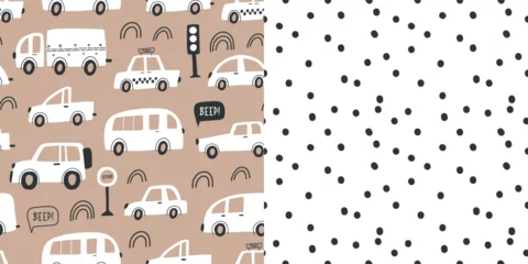 Zelfklevend Fotobehang Set of seamless childish pattern with hand drawn cartoon cars. Creative kids abstract texture for fabric, wrapping, textile, wallpaper, apparel. Vector illustration © tanyabosyk