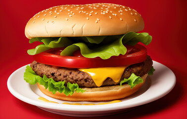 Beautiful big Burger with cheese and salad on the red background. Studio shot of Hamburger in the side view. Generative AI.