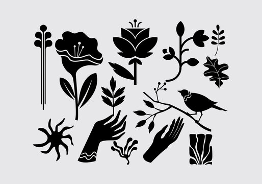 Plants and flower, hands and bird silhouette illustration vector element background pattern, boho, bohemian set bundle isolated editable