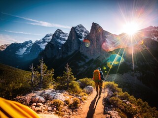 Obraz premium Hiker on the summit of a mountain.