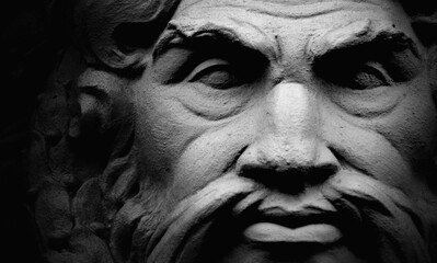 Close up god Zeus (Jupiter). The king of Olympian gods and the ruler of sky and thunder. Black and...
