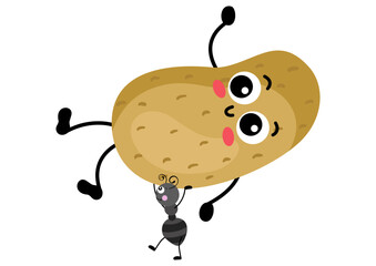 Cute ant carrying a funny potato mascot