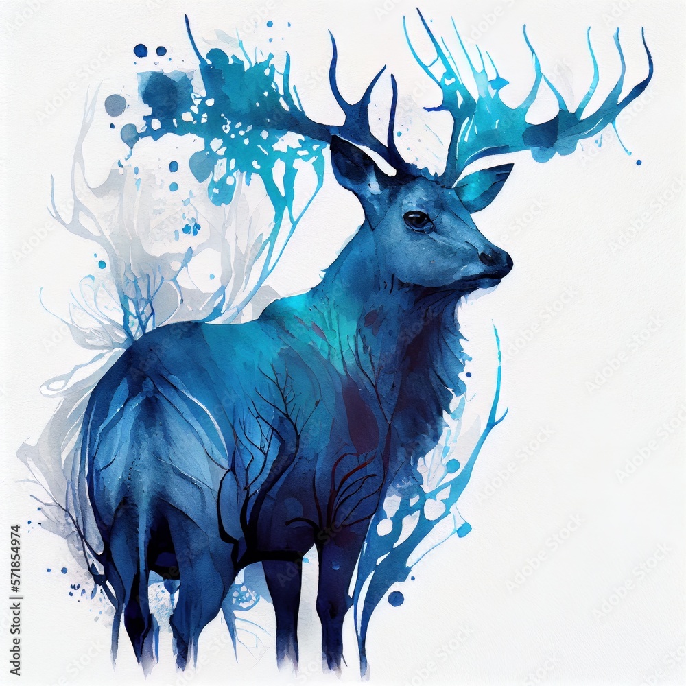 Wall mural Watercolor illustration with a beautiful deer with a big horns. Generative AI