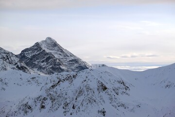 Snowy Krywan peak in Slovak High Tatas, view from Kasprowy Wierch peak, Tatras National Park, Zakopane, Poland