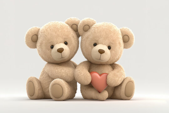 Naklejki Cute two beige teddy bears holding a heart (Generative AI)