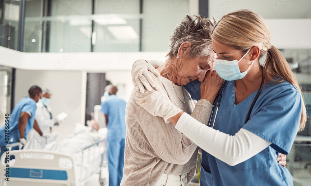 Canvas Prints Doctor, hug and sad senior woman in hospital for support, comfort and empathy for surgery of husband. Medic, face mask and embrace wife of patient with covid 19 emergency in clinic with solidarity