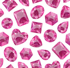 Pattern with pink crystals on a white background. Stones of various shapes. Jewelry.