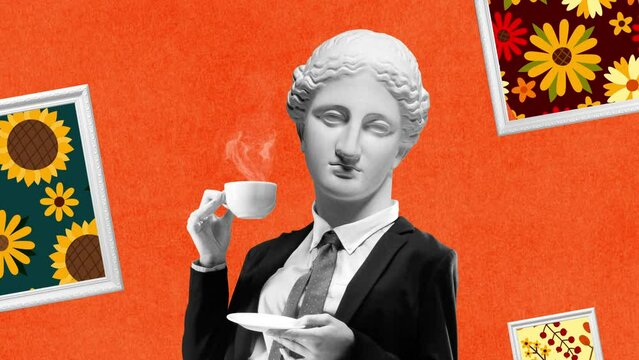 Stop motion, animation. At exhibition of paintings. Comparison of eras. Woman in business suit with ancient statue head drinking coffee on bright background with paintings. Inspiration, magazine style