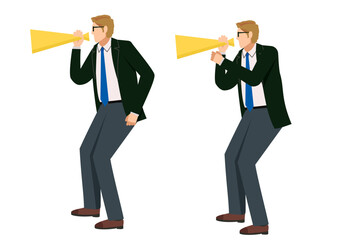 メガホンを持って叫ぶポーズの8等身の白人の男性のイラスト2点セット　応援メガフォン拡声器　絶叫