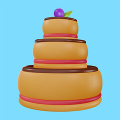 Cartoon vector cake in 3d realistic vivid style. Minimal bright design element for birthday, holiday, anniversary celebration. Cute child glossy soft toy icon. Vibrant render illustration.