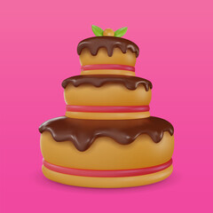 Cartoon vector cake in 3d realistic vivid style. Minimal bright design element for birthday, holiday, anniversary celebration. Cute child glossy soft toy icon. Vibrant render illustration.