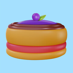 Cartoon vector cake in 3d realistic vivid style. Minimal bright design element for birthday, holiday, anniversary celebration. Cute child glossy soft toy icon. Vibrant render illustration.