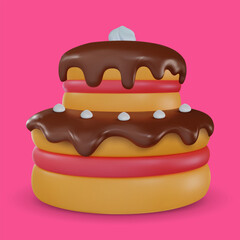 Cartoon vector cake in 3d realistic vivid style. Minimal bright design element for birthday, holiday, anniversary celebration. Cute child glossy soft toy icon. Vibrant render illustration.