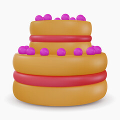 Cartoon vector cake in 3d realistic vivid style. Minimal bright design element for birthday, holiday, anniversary celebration. Cute child glossy soft toy icon. Vibrant render illustration.