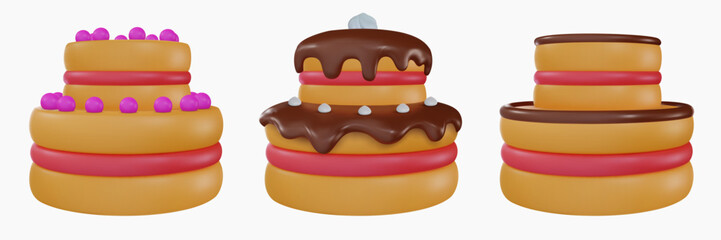 Set vector 3d cartoon tasty cake in realistic minimal style. Collection sweet glossy design elements for birthday, holiday, anniversary celebration. Vivid illustration, icon, symbol.
