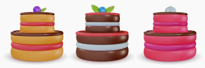 Set vector 3d cartoon tasty cake in realistic minimal style. Collection sweet glossy design elements for birthday, holiday, anniversary celebration. Vivid illustration, icon, symbol.