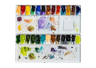 Metal watercolor palette box with colorful watercolor set on a white background.
