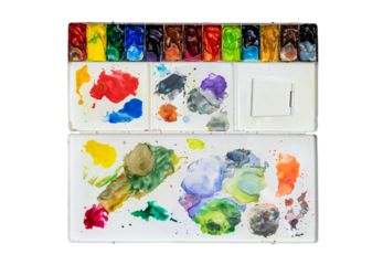 Metal watercolor palette box with colorful watercolor set on wood background.