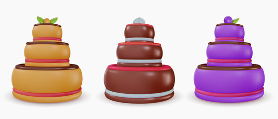 Set vector 3d cartoon tasty cake in realistic minimal style. Collection sweet glossy design elements for birthday, holiday, anniversary celebration. Vivid illustration, icon, symbol.