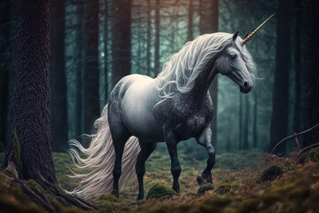 a beautiful unicorn with a shining mane in a forest, generative AI.