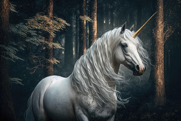 a beautiful unicorn with a shining mane in a forest, generative AI.