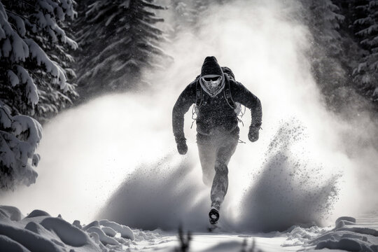 a man marches through deep snow in a blizzard. Generative AI