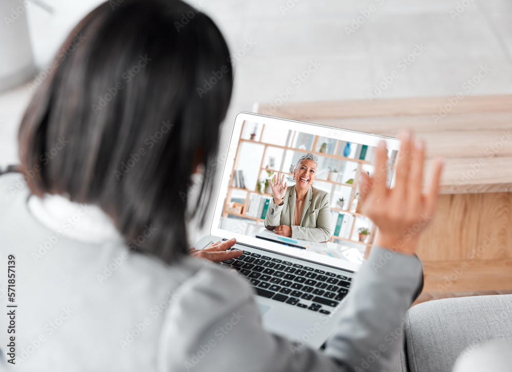 Canvas Prints Video call, wave and remote work with a business woman using a laptop for distance communication or planning. Virtual meeting, home office or waving with a staff person and manager talking strategy