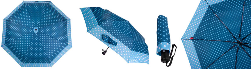 Set of four different projections of navy blue umbrella with light blue polka dots, isolated on...