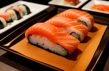 Sushi in Japanese restaurant close-up. Generative AI.