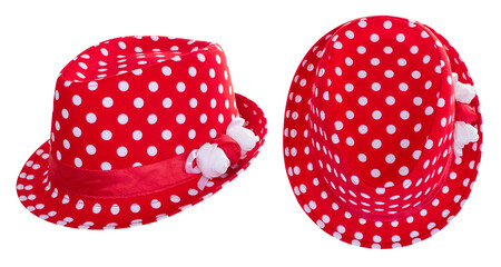 Red and white polka dotted Sun hat fedora isolated on transparent background. Two projections: top...
