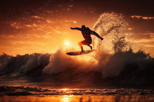 A creative image of a surfer jumping off a wave with his surfboard. Generative AI