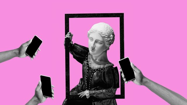 Stop motion, animation. Woman, medieval royalty person in vintage clothing with ancient statue head inside picture frame. Taking photos of ancient art. Comparison of eras, renaissance, baroque style