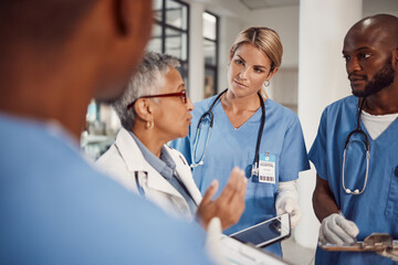Group of doctors, planning management in hospital and workflow of medical student with training...
