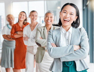 Fototapeta na wymiar Asian woman, teamwork portrait and office team of leadership, company management and vision. Diversity, business women and startup agency of a creative marketing group with a proud smile in workplace
