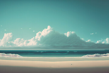 Empty white beach with a bright blue sky. Idyllic tropical seascape. Paradise beach. Generative AI