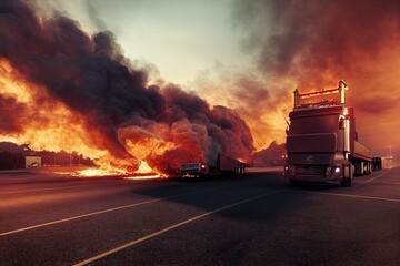 Naklejka na ściany i meble Truck on Fire: The Impact of Logistics and Delivery on Financing, Credit, and the Environment. Generative AI