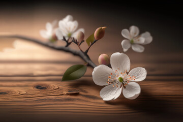 Fototapeta na wymiar A cherry blossom twig on a wooden table (Generative AI)