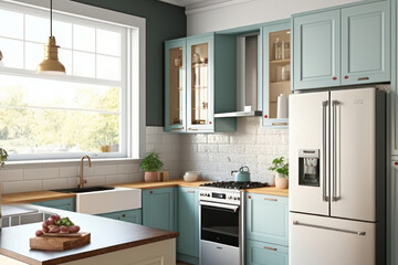 Fototapeta na wymiar A kitchen with stove, sink, fridge and dishwasher (Generative AI)